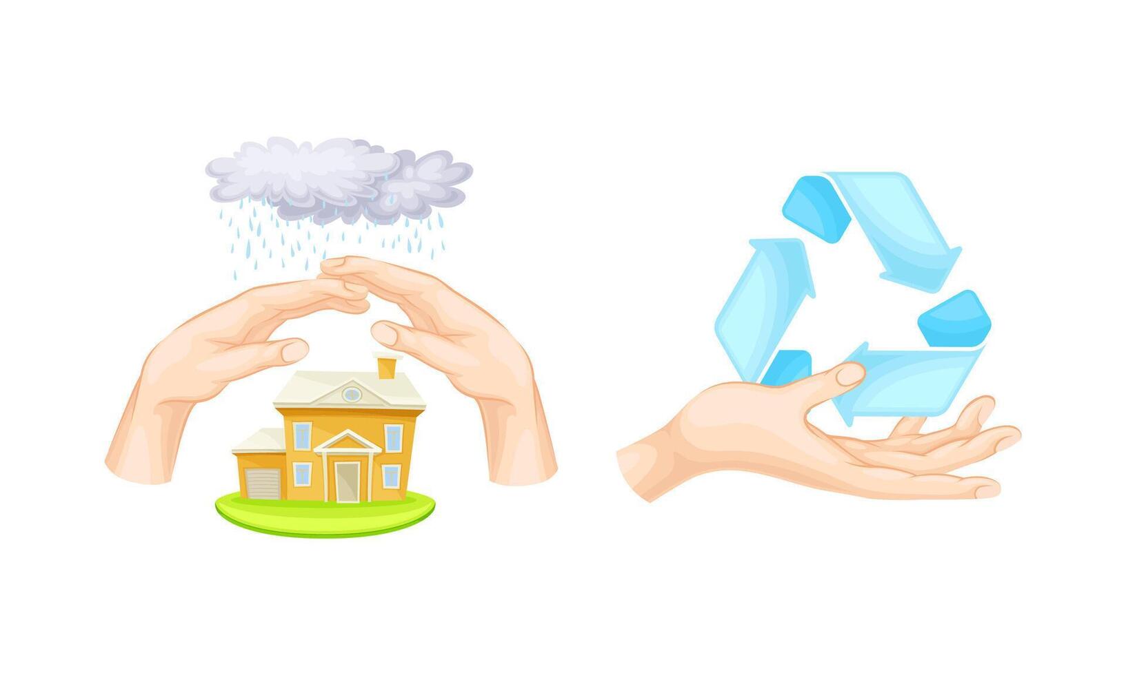 Human hands protecting house and holding recycle sign. Environmental protection and ecology concept illustration vector