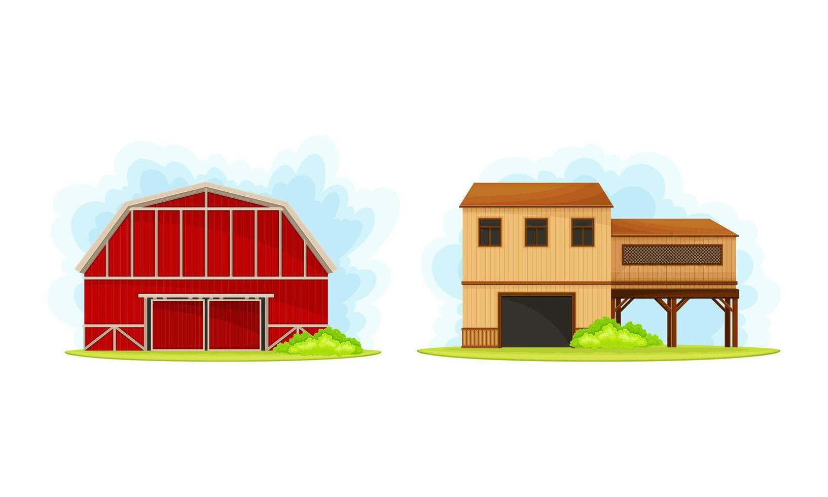 Rural farm buildings set. Red barn and farmhouse illustration vector