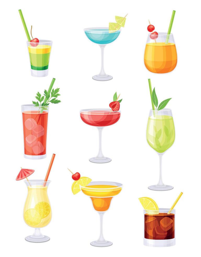 Glasses of cocktails set. Cold alcoholic or non alcoholic beverages illustration vector