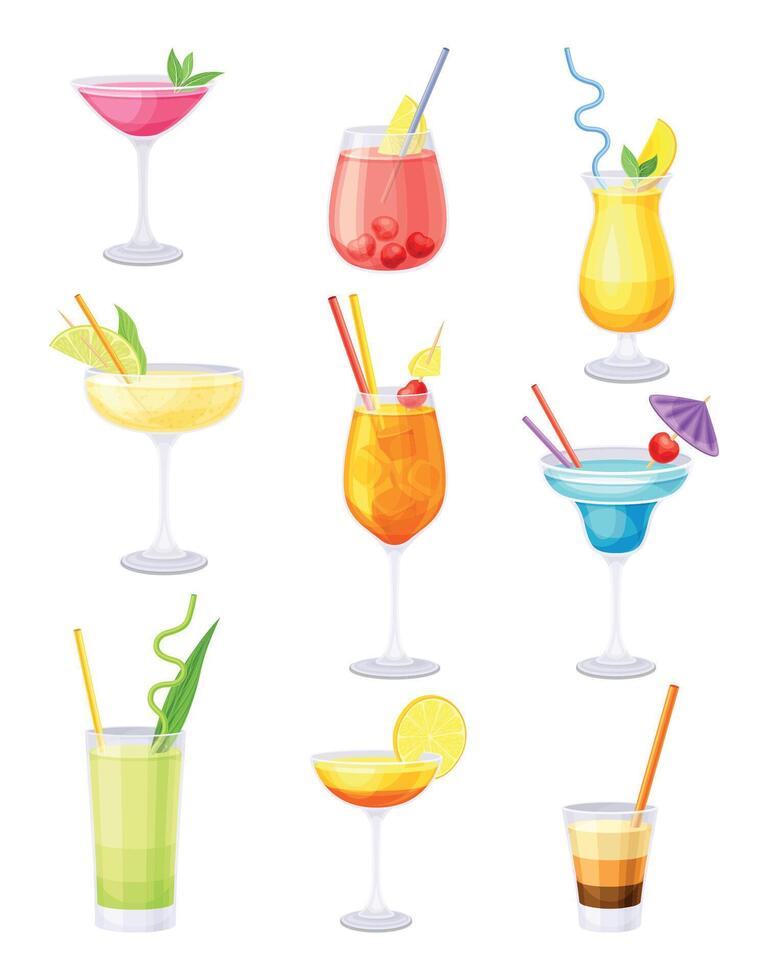 Set of alcoholic or non alcoholic cocktails. Freshness summer beverages illustration vector