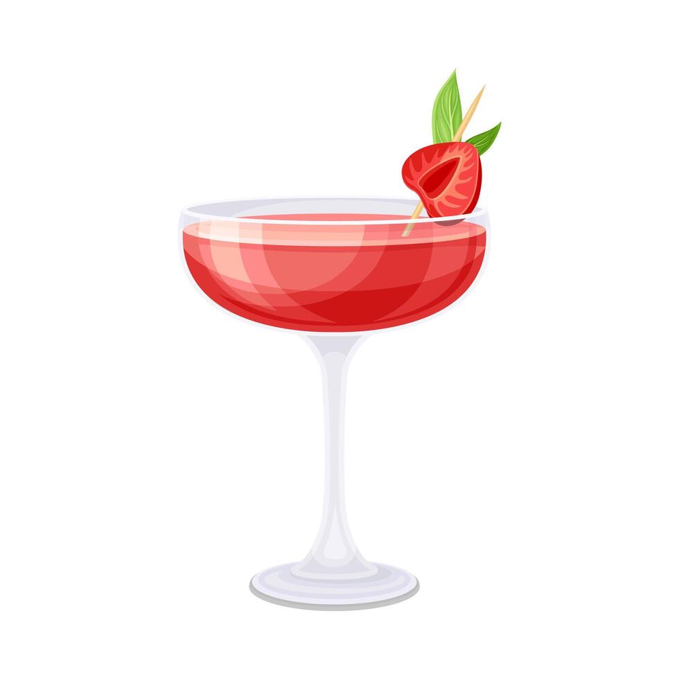 Red cocktail with strawberry. Cold alcoholic beverage illustration vector