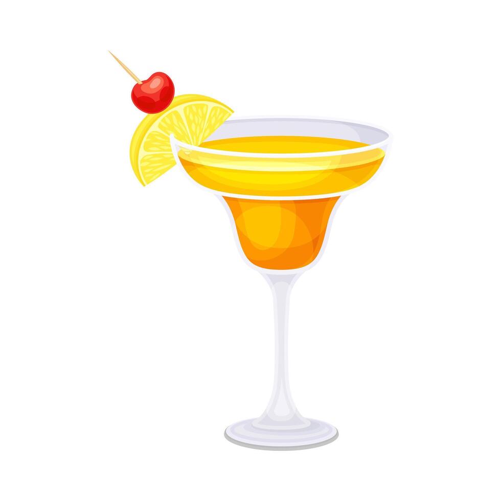 Glass of tropical cocktail with straw and lemon slice. Alcoholic beverage illustration vector