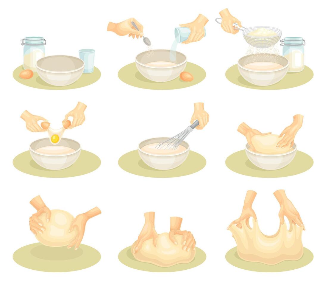 Human hands kneading dough. Bakery process, kneading pastry for cookies, bread, pizza illustration vector