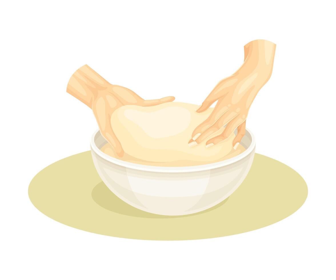 Human hands kneading dough. Bakery process, kneading pastry for cookies or pizza illustration vector