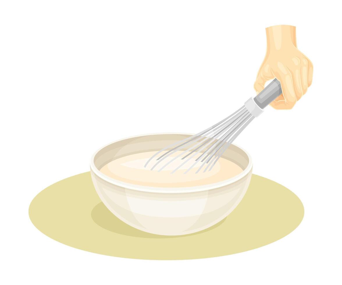 Preparing dough in bowl. Kneading pastry for cookies, cake, pizza or bread illustration vector