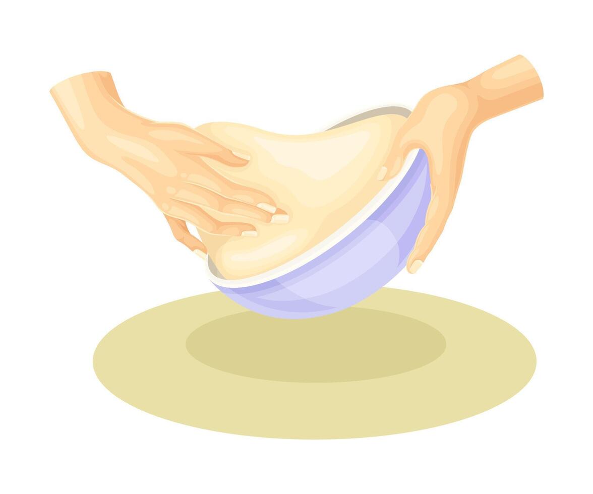 Hands kneading dough in bowl. Bakery process, homemade food illustration vector