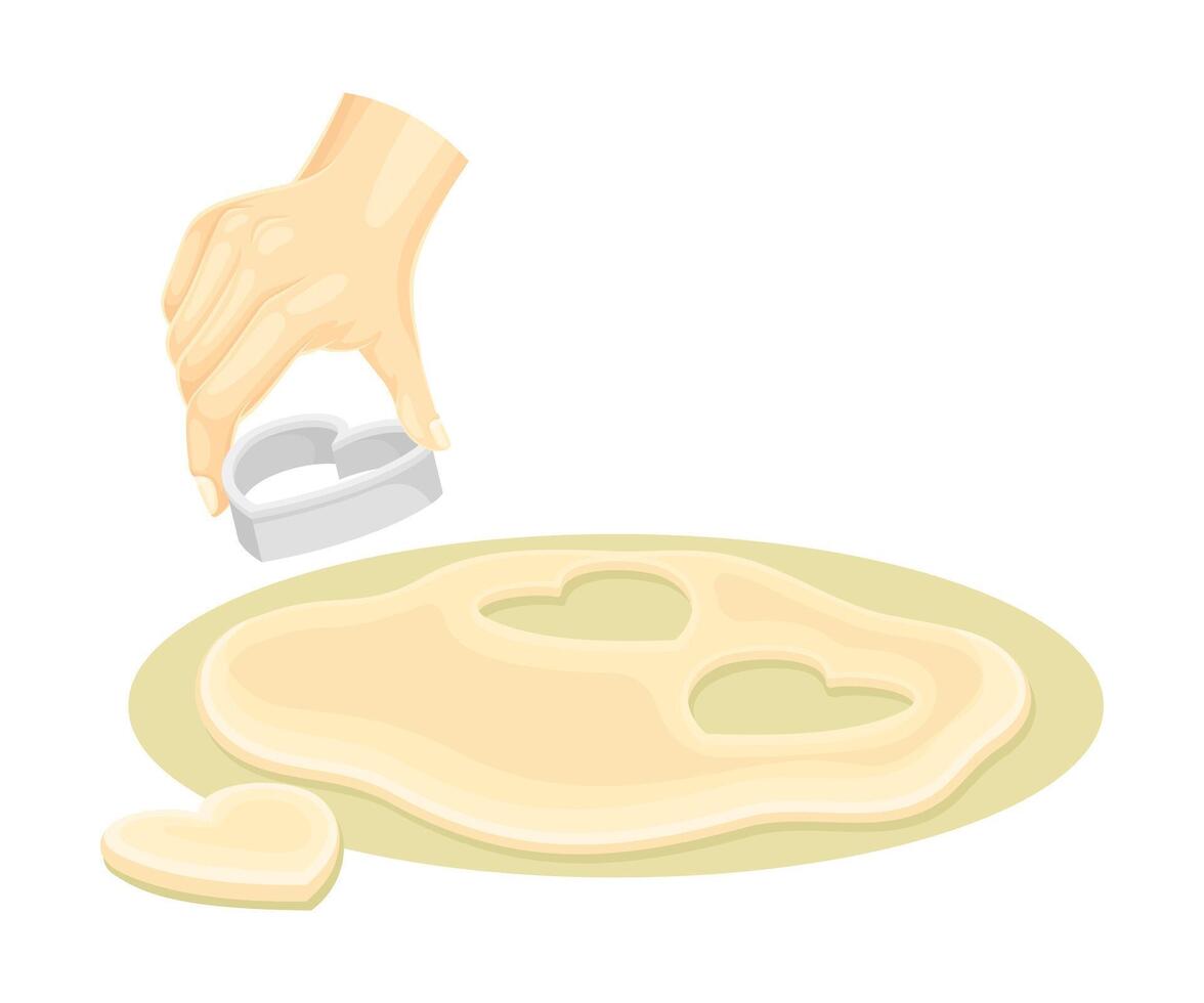 Hand using heart shaped cookie cutter to cut dough. Bakery process, homemade food illustration vector