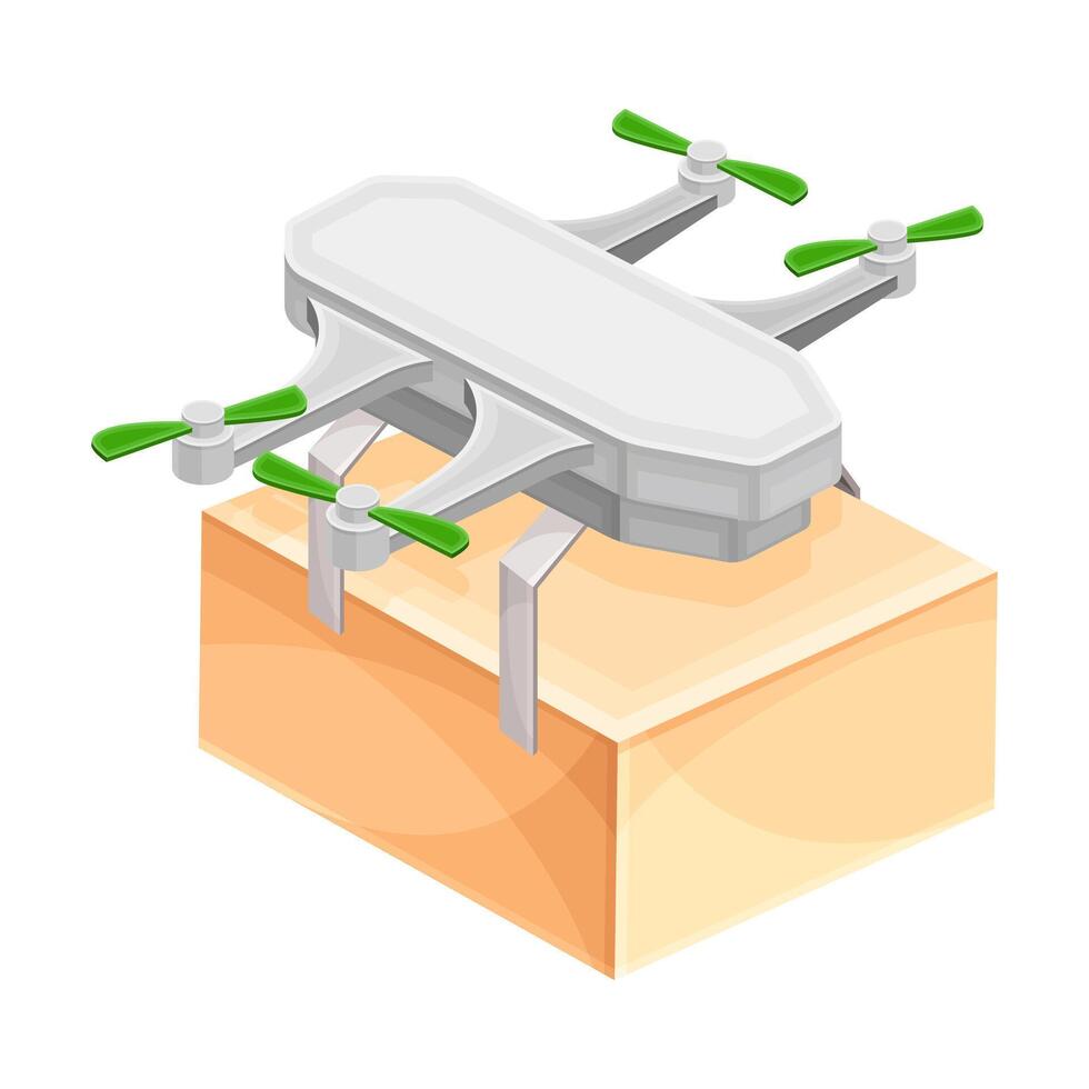 Quadcopter carrying parcel box to customer. Modern express delivery air service illustration vector