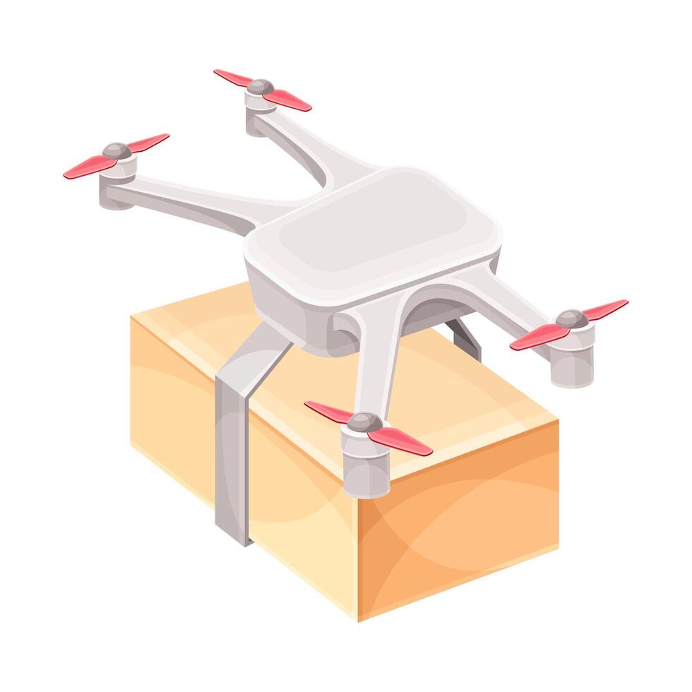 Quadcopter carrying cardboard parcel box. Express delivery air service illustration vector
