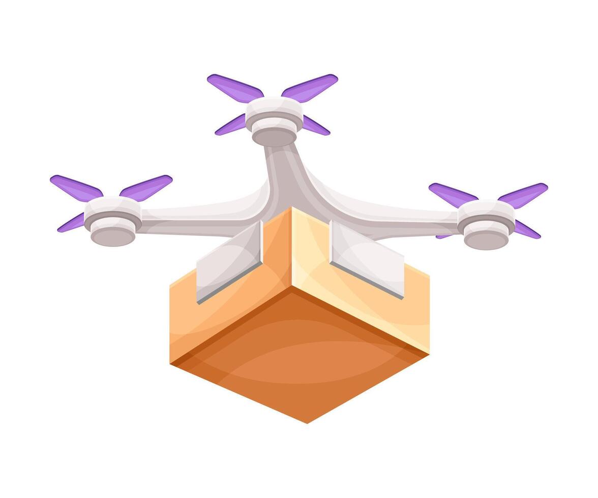 Drone carrying cardboard parcel box to destination point. Modern express delivery air service illustration vector