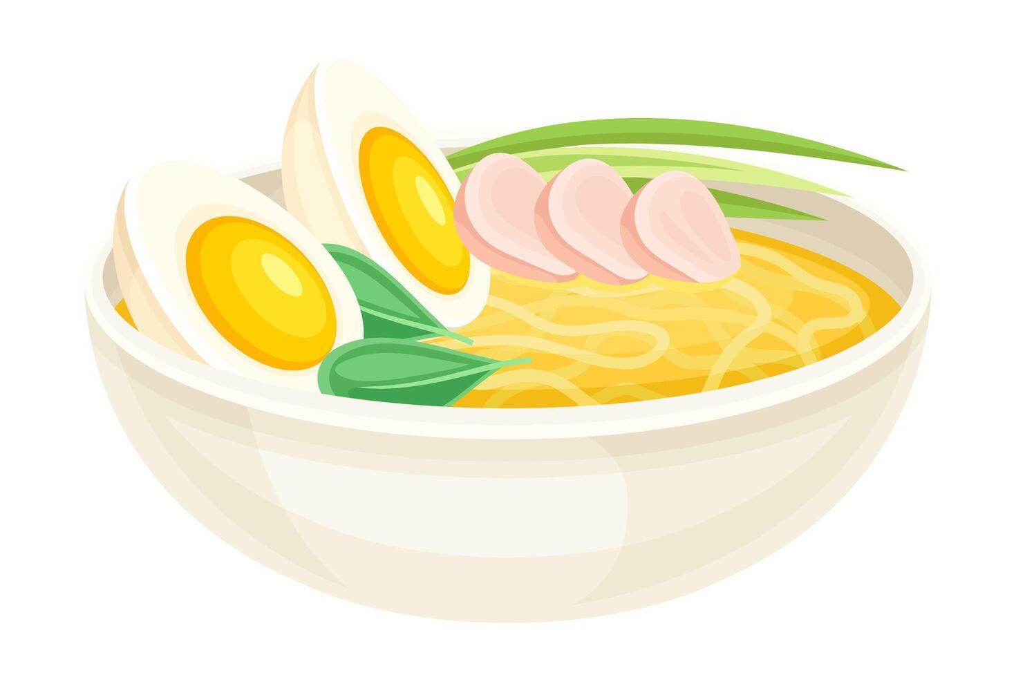 Tasty food dishes for breakfast. Noodles with broth and boiled egg illustration vector