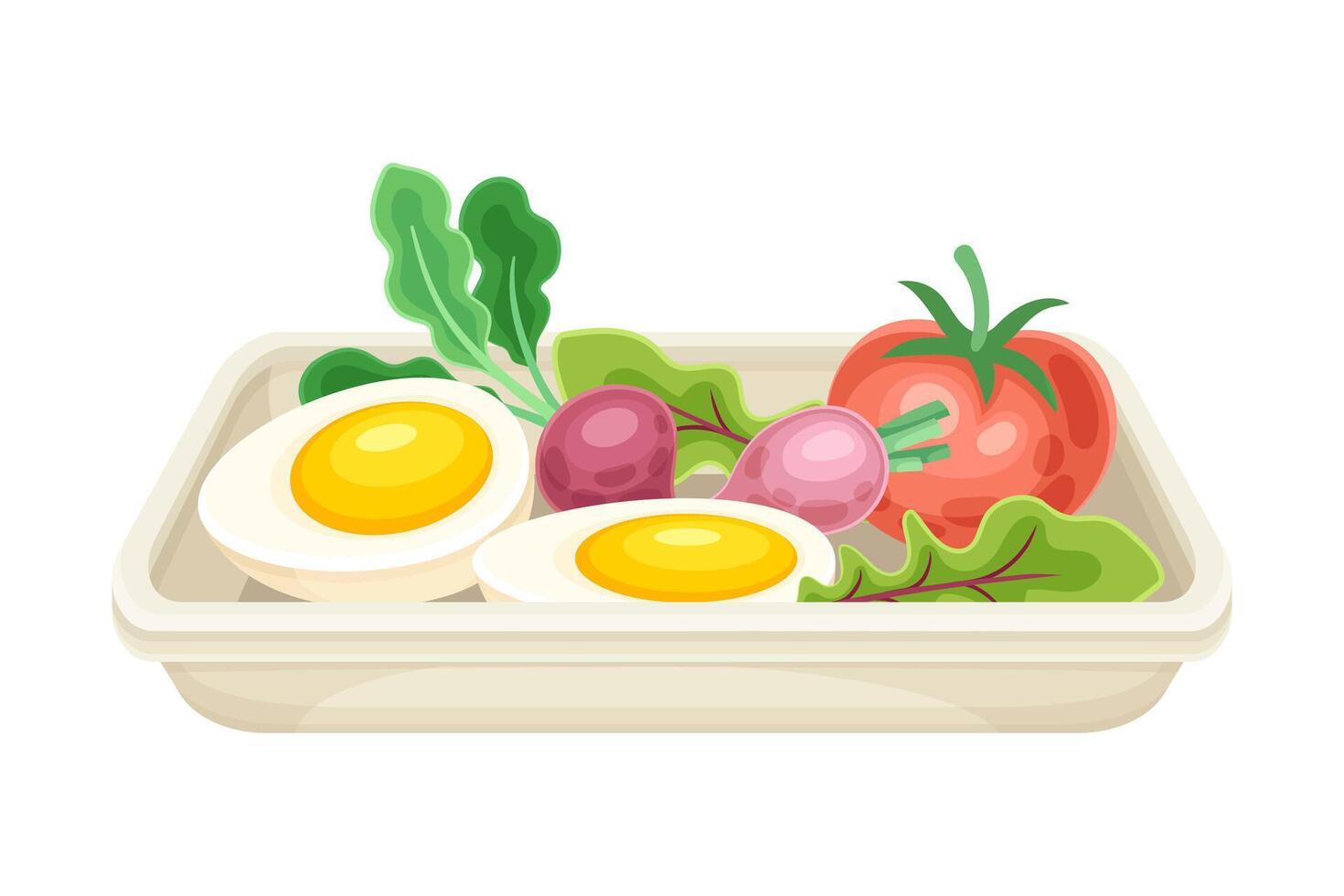 Boiled egg with radish and tomato. Tasty food dish for breakfast illustration vector