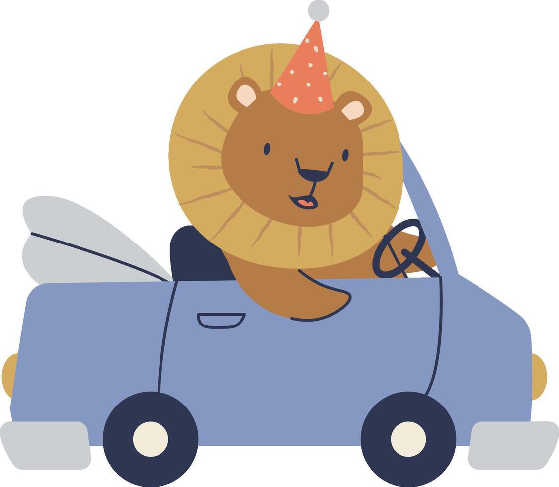 Lion Driving a Car with Hat vector