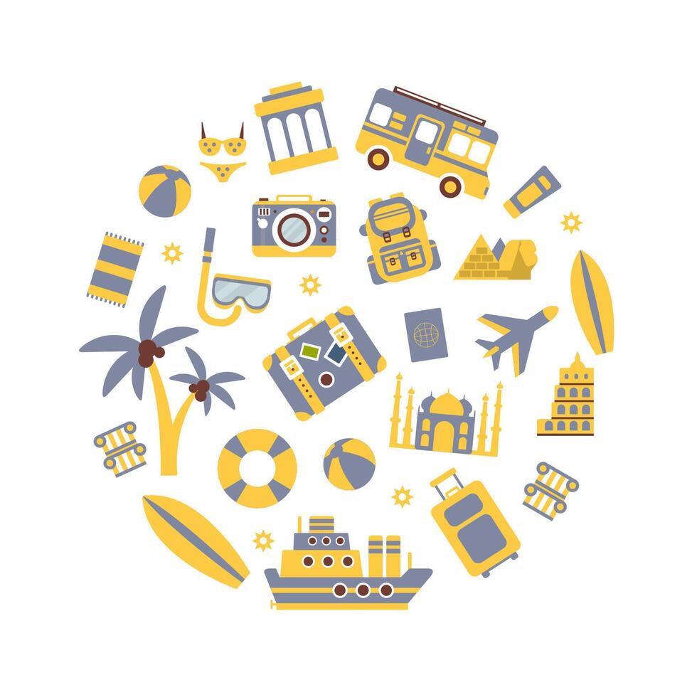 Travel Sights and Symbols Pattern of Round Shape, Summer Adventures Illustration vector