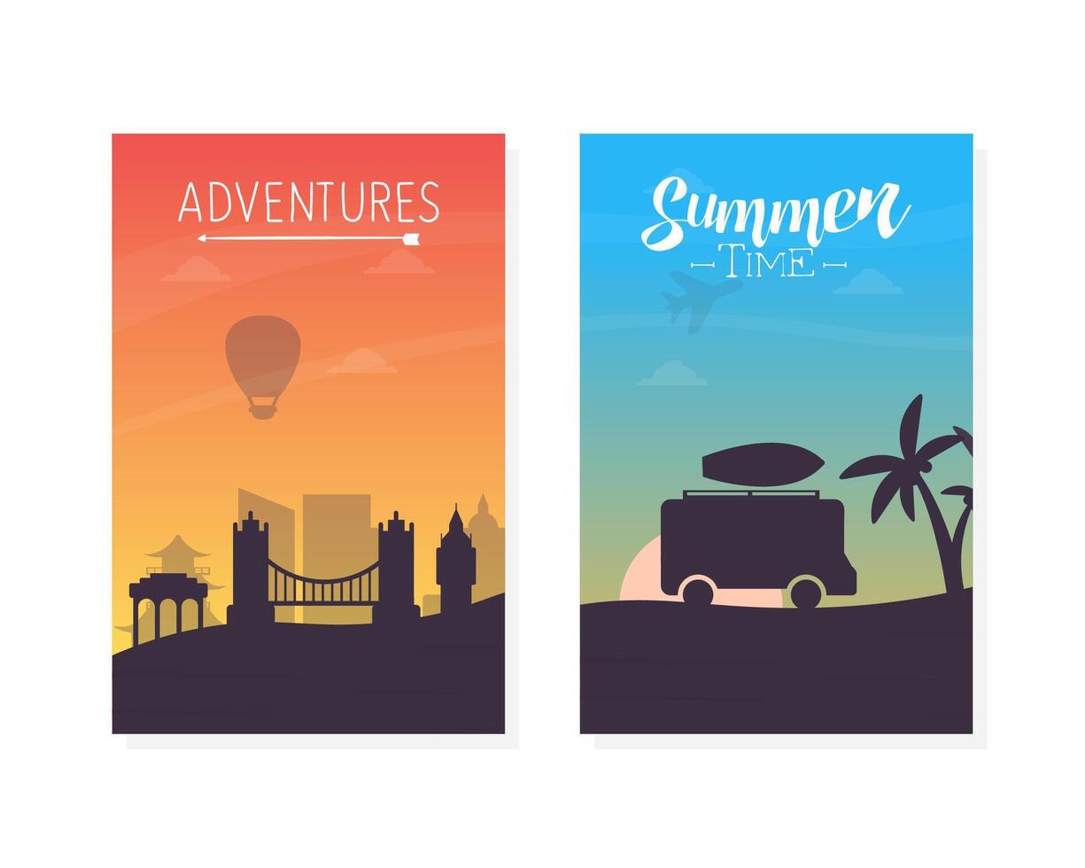 Summer Time Adventures Banner Templates Set, Tourism, Vacation, Journey Poster, Card Illustration vector