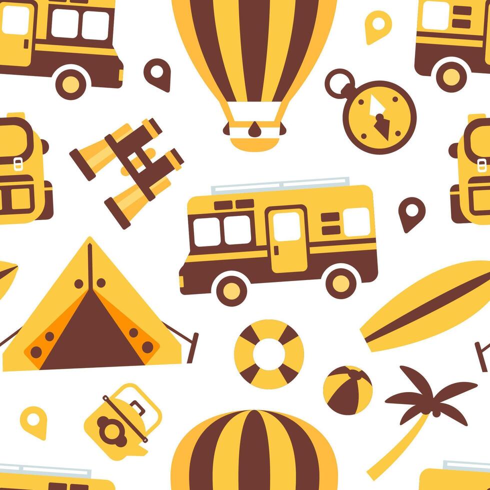 Travel Symbols Seamless Pattern, Summer Vacation Adventures Design Element Can Be Used for Fabric, Wallpaper, Packaging, Web Page Illustration vector