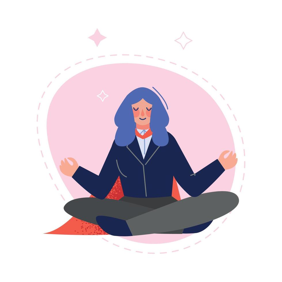 Super Businesswoman Wearing Red Cape Meditating in Lotus Position, Successful Superhero Business Character, Leadership, Challenge Goal Achievement Illustration vector