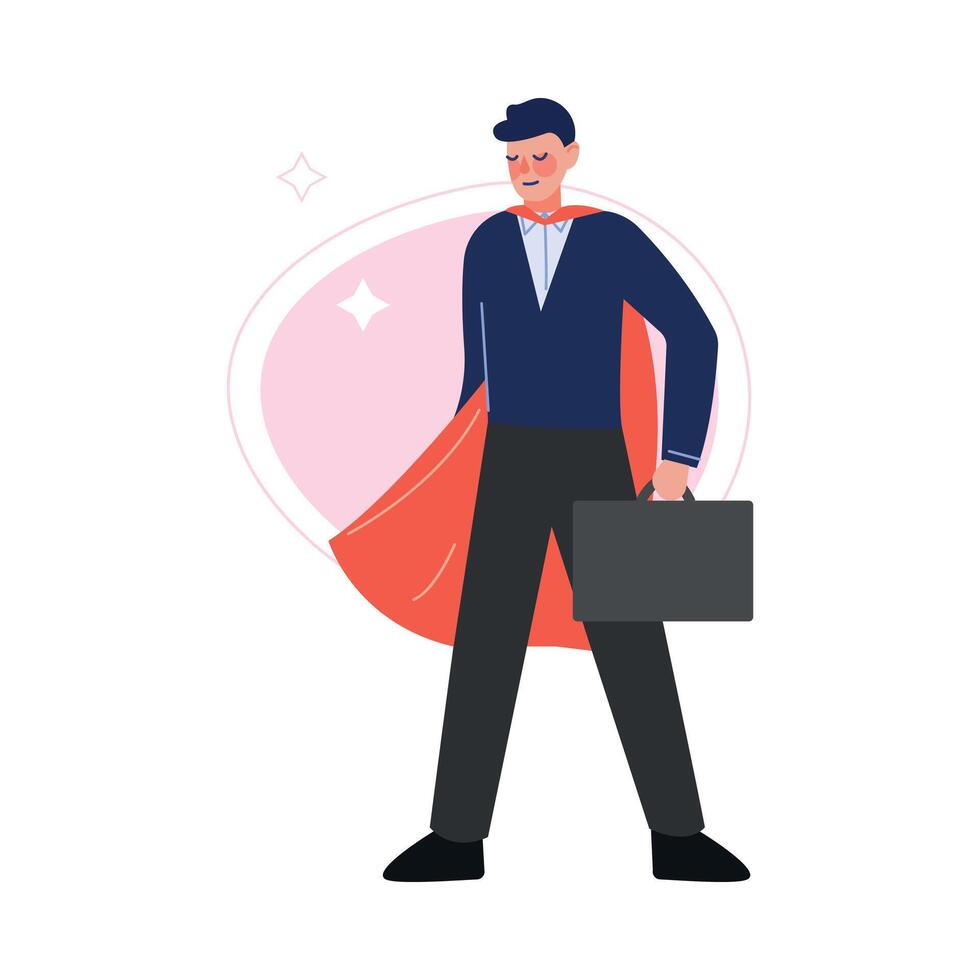 Super Man in Red Waving Cape Standing with Briefcase, Successful Superhero Business Person Character, Leadership, Challenge Goal Achievement Illustration vector
