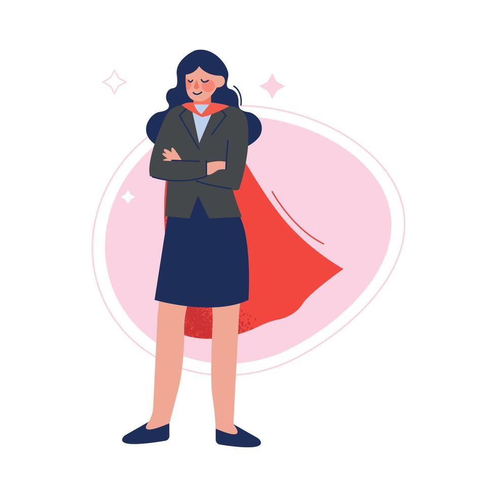 Businesswoman Wearing Red Waving Cape Standing with Folded Hands, Successful Superhero Business Person Character, Leadership, Challenge Goal Achievement Illustration vector