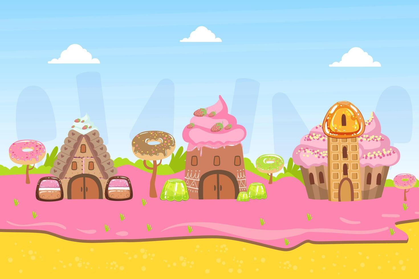 Sweet Candy Land, Fantasy Landscape with Desserts and Sweets Illustration vector