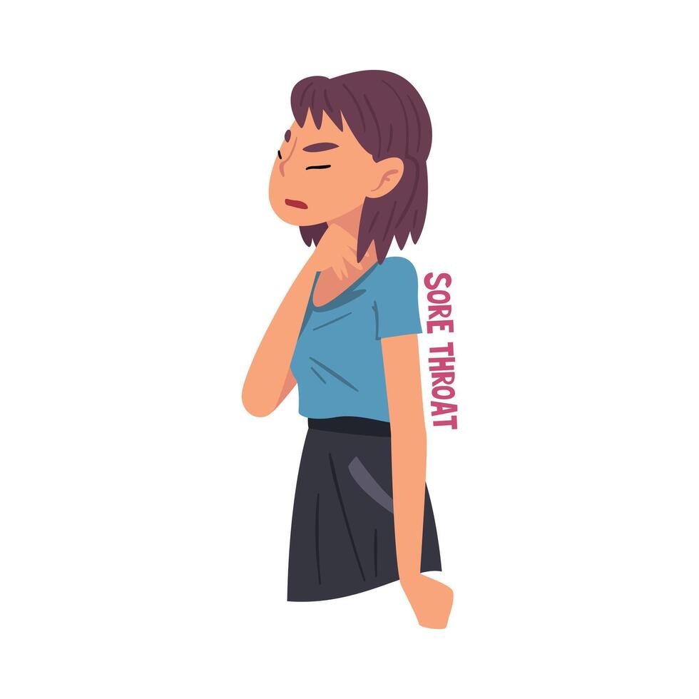 Cold Symptom, Girl Suffering from Sore Throat, Medical Treatment and Healthcare Concept Cartoon Style Illustration vector