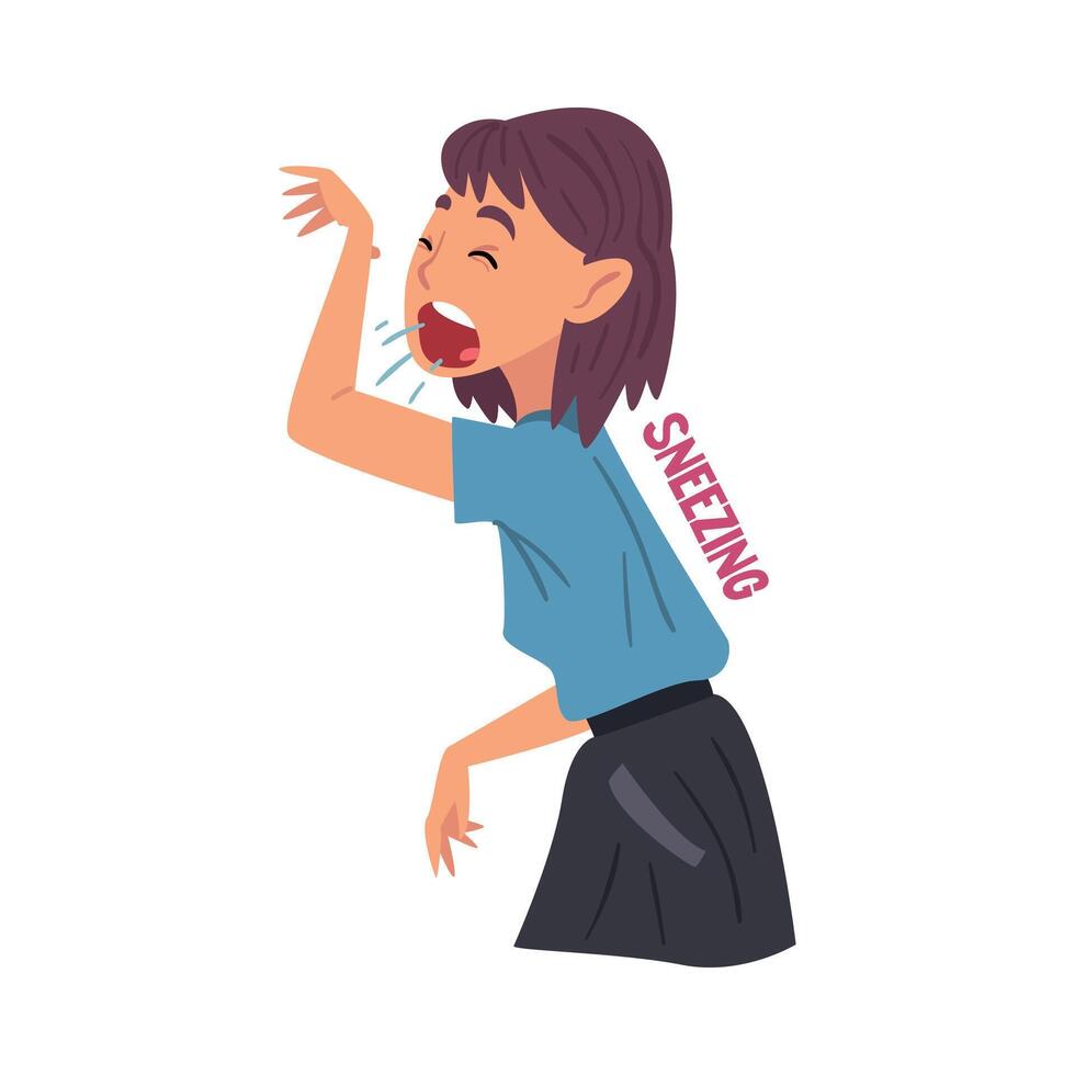 Cold Symptom, Sneezing Girl, Cold Symptom, Medical Treatment and Healthcare Concept Cartoon Style Illustration vector