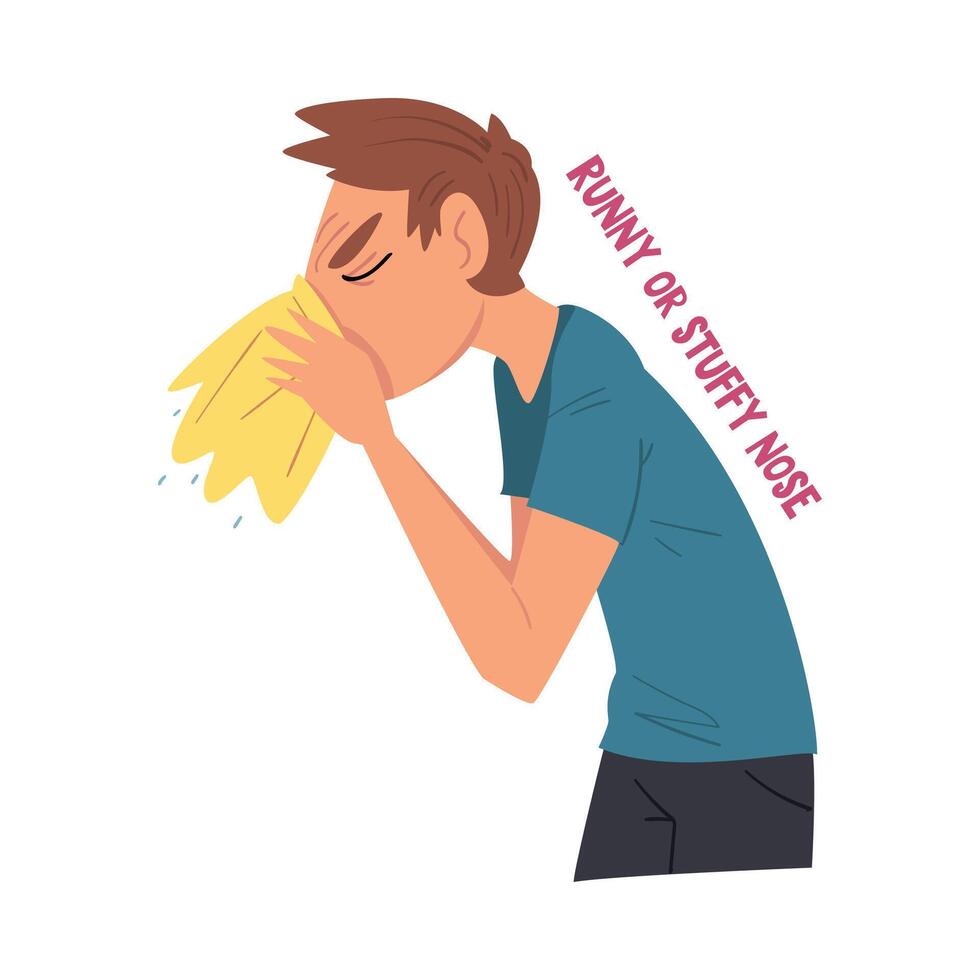 Cold Symptom, Man Suffering from Runny or Stuffy Nose, Medical Treatment and Healthcare Concept Cartoon Style Illustration vector