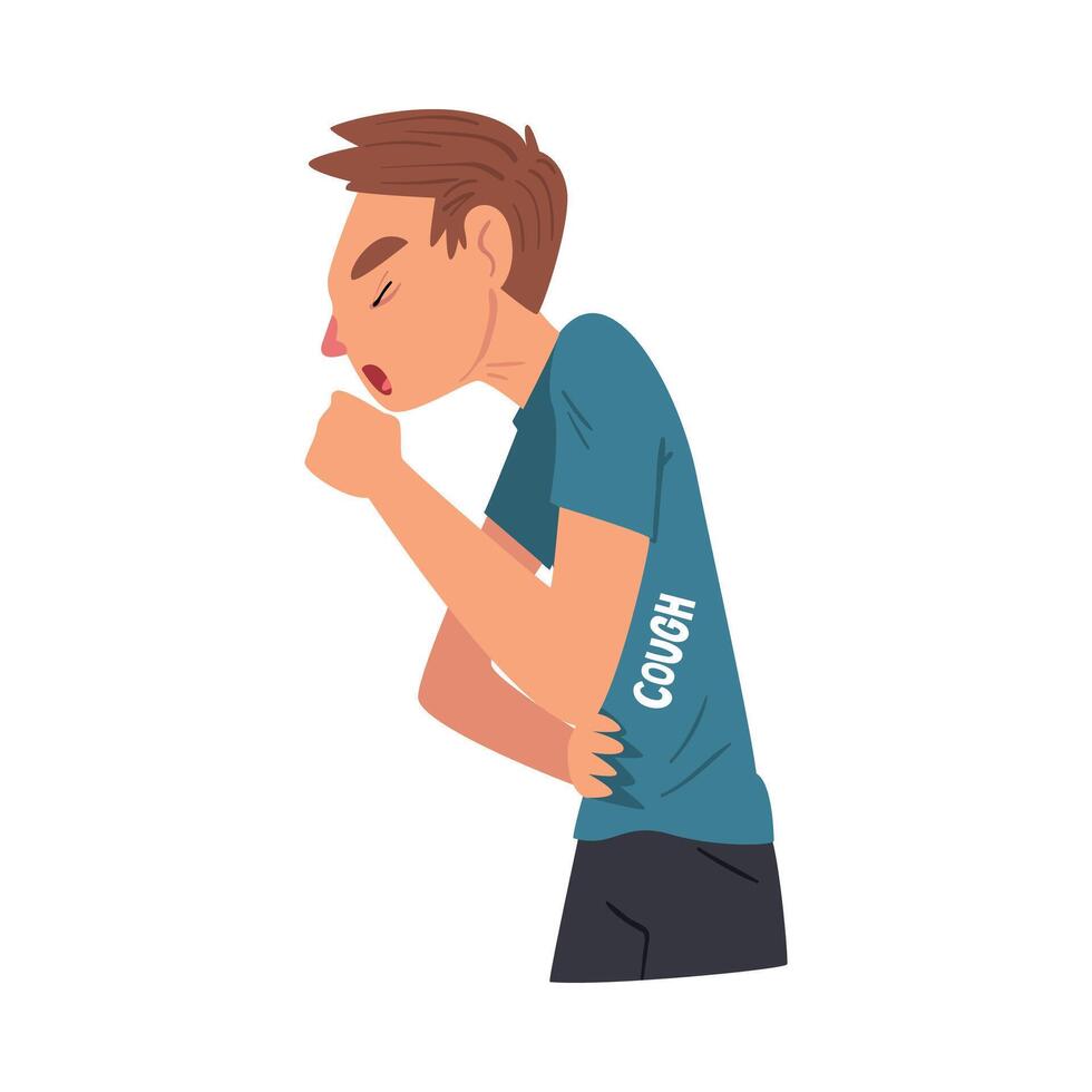 Cold Symptom, Man Having Cough, Medical Treatment and Healthcare Concept Cartoon Style Illustration vector