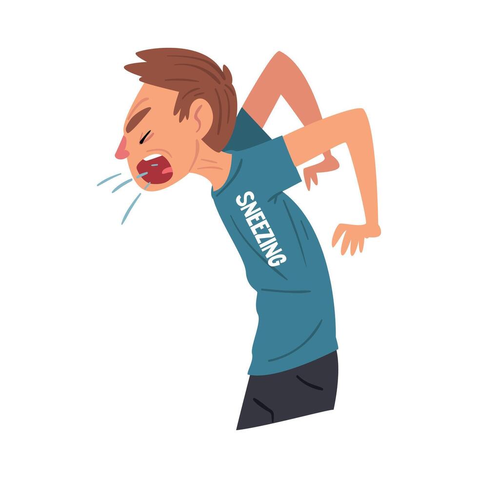 Cold Symptom, Sneezing Man, Medical Treatment and Healthcare Concept Cartoon Style Illustration vector