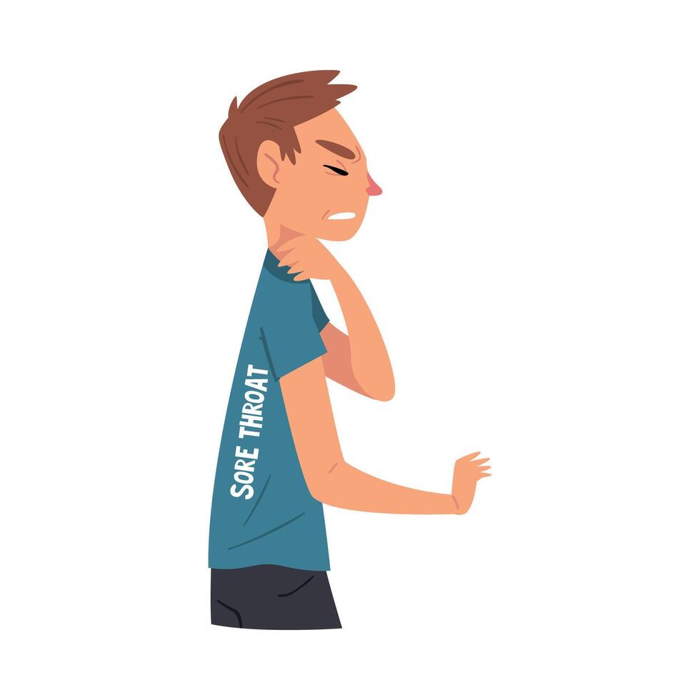 Cold Symptom, Man Suffering from Sore Throat, Medical Treatment and Healthcare Concept Cartoon Style Illustration vector