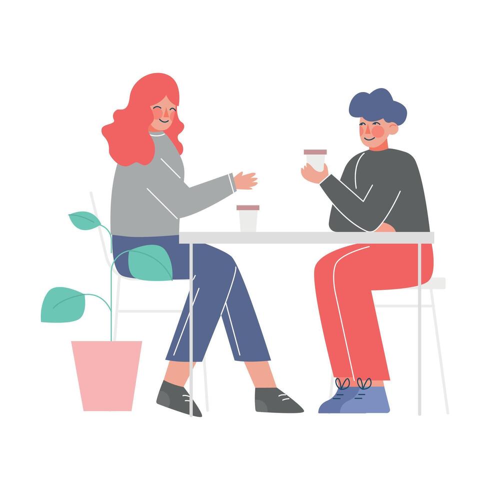 Young Man and Woman Talking at the Table and Drinking Coffee, Meeting of Friends or Colleagues Illustration on White Background vector