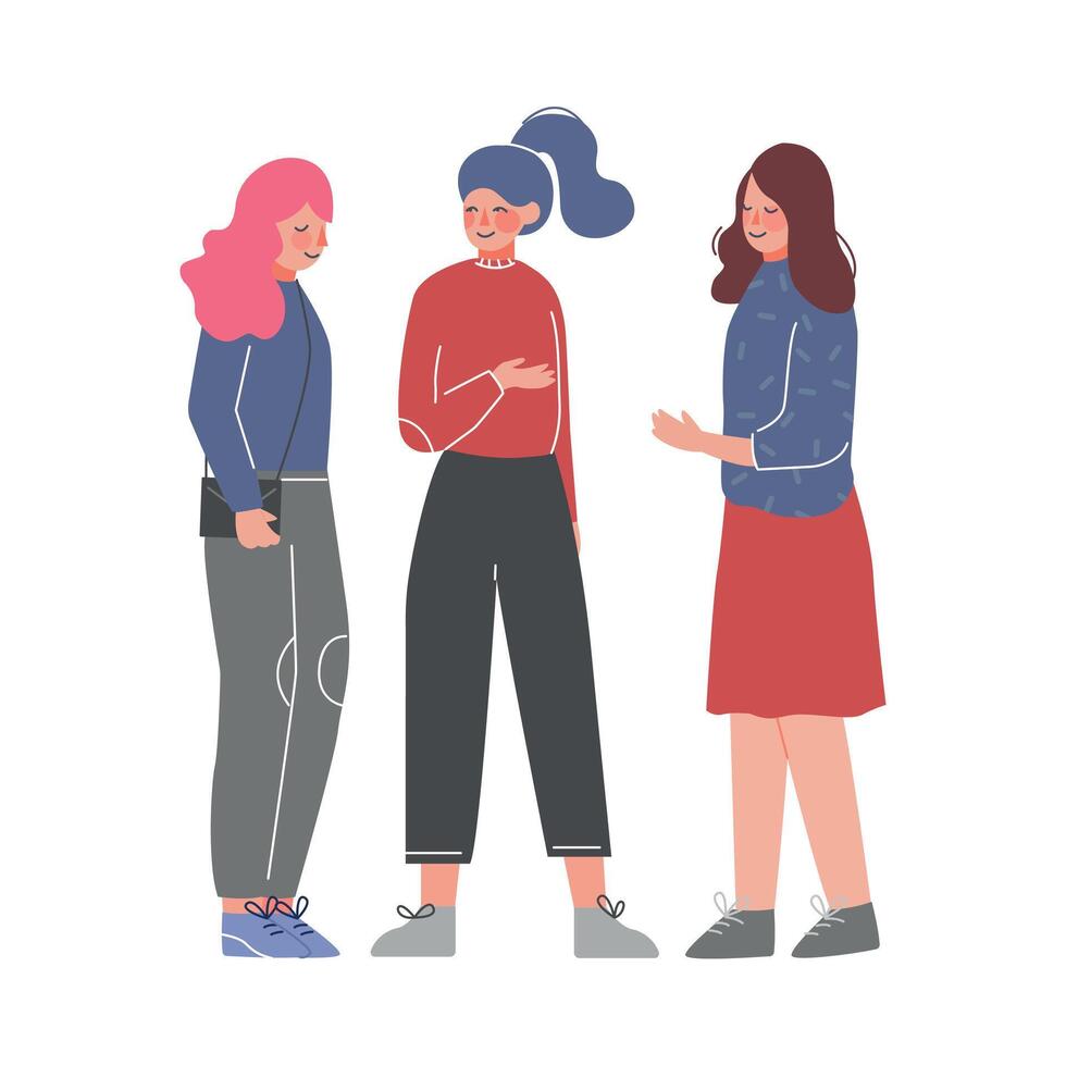 Three Young Women Talking and Discussing, Meeting of Friends or Colleagues, Girls Sharing Gossips Illustration on White Background vector
