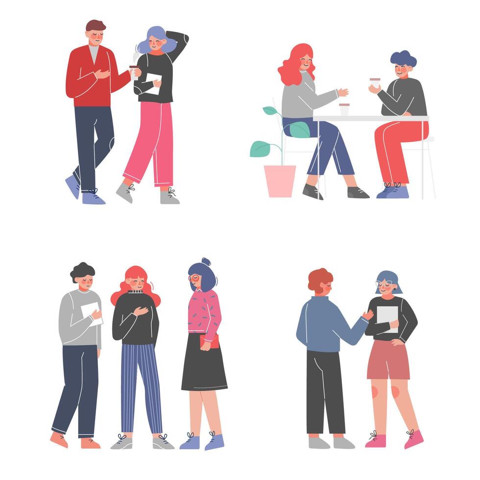 People Talking and Drinking Coffee Set, Meeting of Friends or Colleagues, Working Process Illustration on White Background vector
