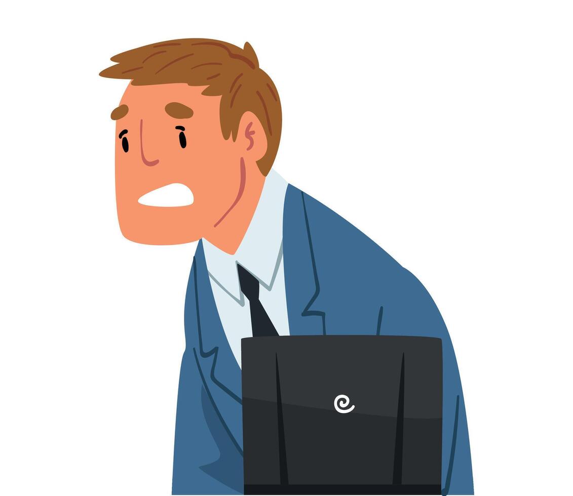 Stressed Businessman Sitting in front of Computer, Male Office Manager Working with Laptop Illustration on White Background. vector