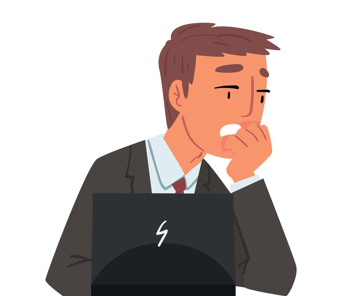 Businessman Sitting in front of Computer, Stressed Male Office Manager Working with Laptop Illustration Isolated on White Background vector