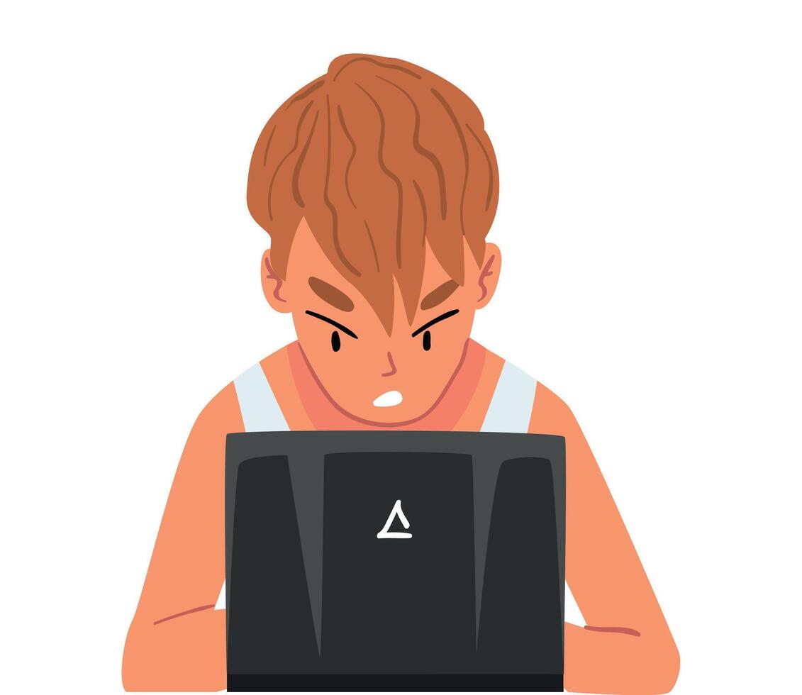 Stressed Man Sitting in front of Computer, Male Programmer Working Hard with Laptop Illustration on White Background vector