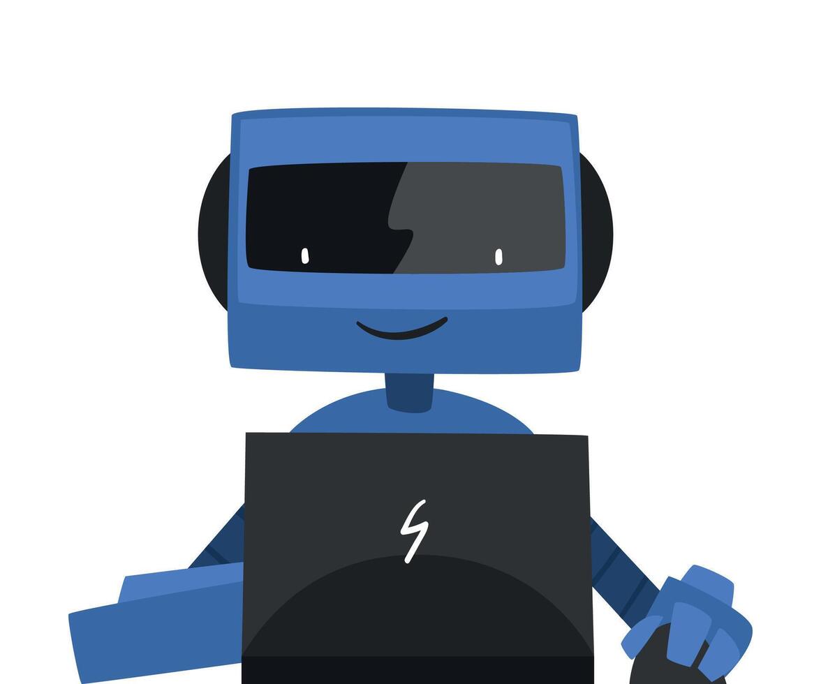 Robot Sitting in front of Computer, Friendly Android Working with Laptop, Artificial Intelligence Concept Illustration vector