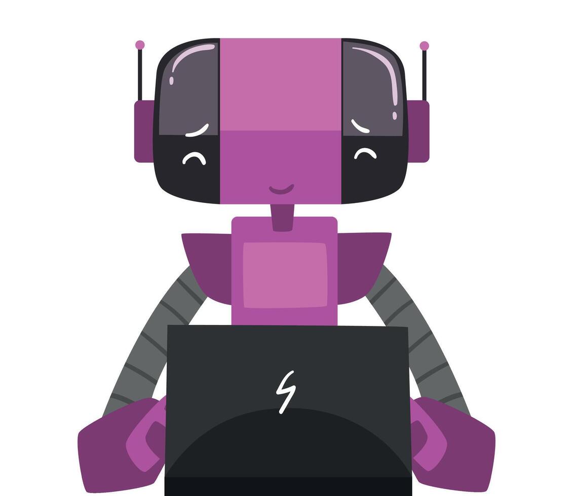 Friendly Robot Sitting in front of Computer, Cute Android Working with Laptop, Artificial Intelligence Concept Illustration on White Background vector