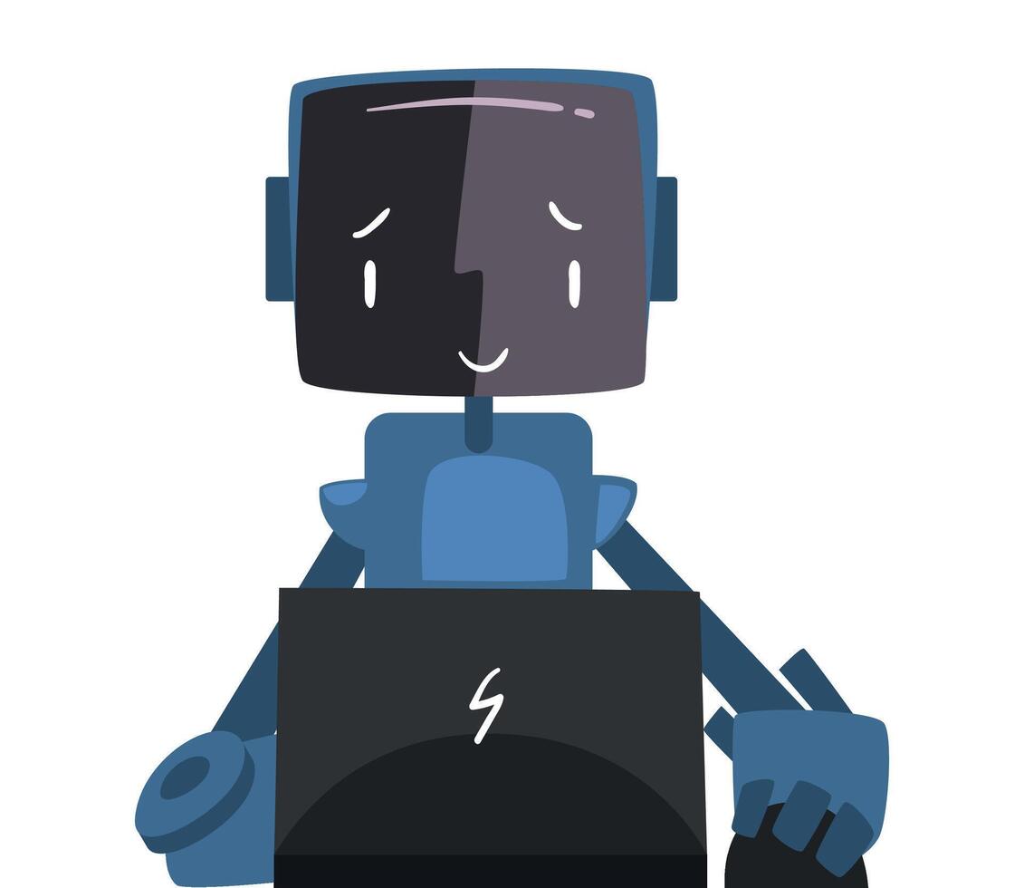 Friendly Robot Sitting in front of Computer, Cute Android Working with Laptop Illustration on White Background vector