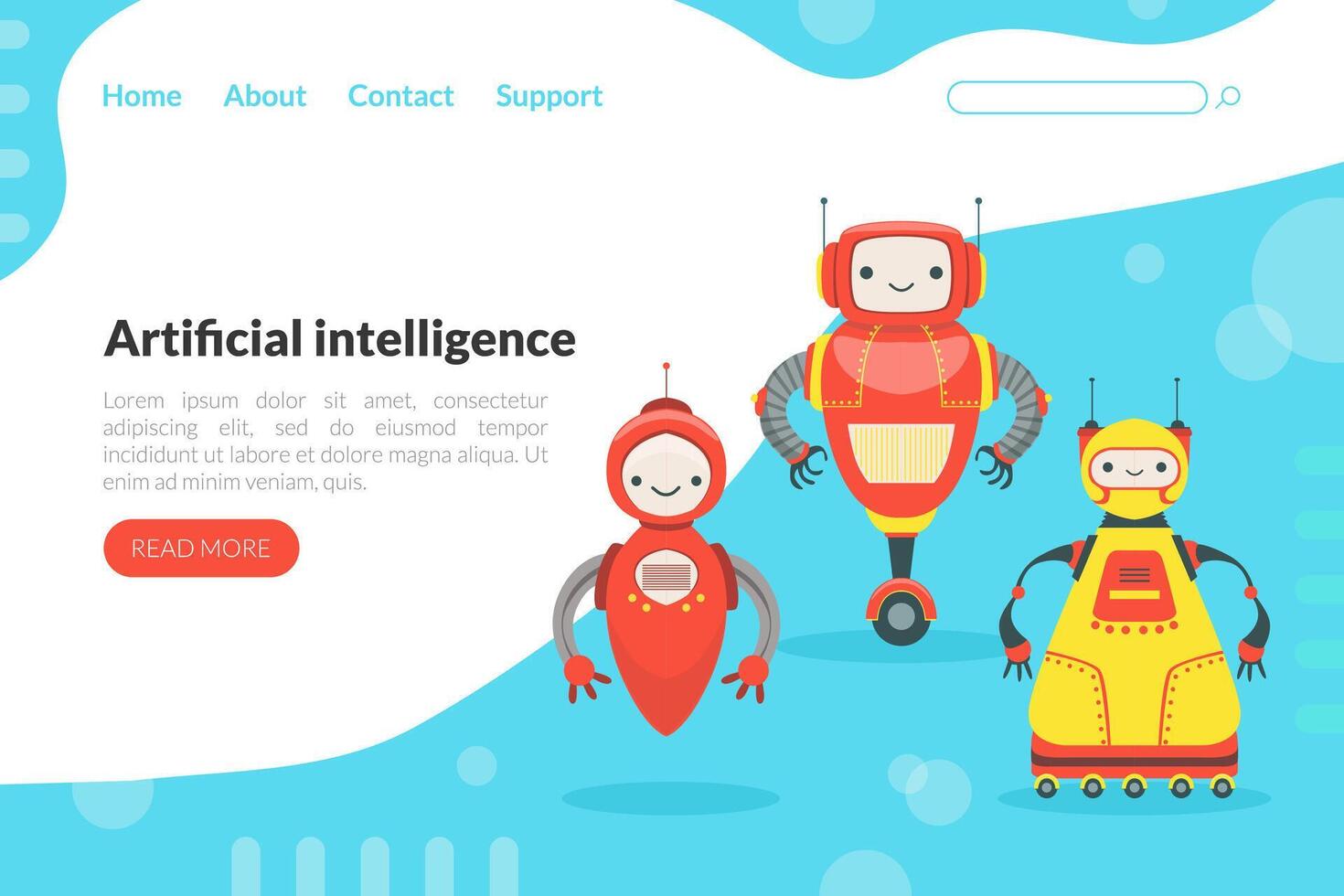 Artificial Intelligence Landing Page Template with Cute Friendly Android Robots, Robotic Technology, Automation Concept Web Banner, Website, Homepage Illustration vector