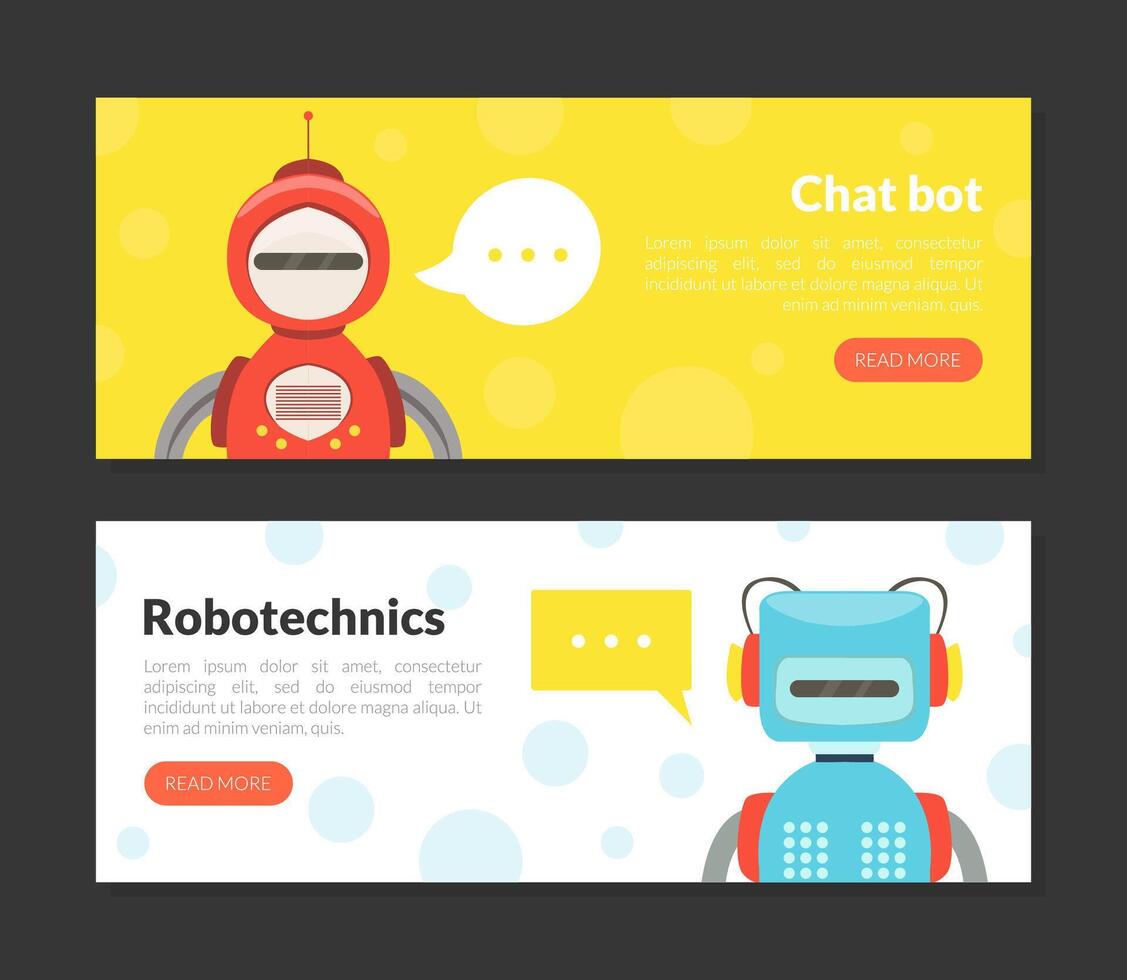 Chat Bot, Robotechnics Landing Page Templates Set, Cute Friendly Android Robots, Artificial Intelligence, Robotic Technology, Automation Concept Web Banner, Website, Homepage Illustration vector