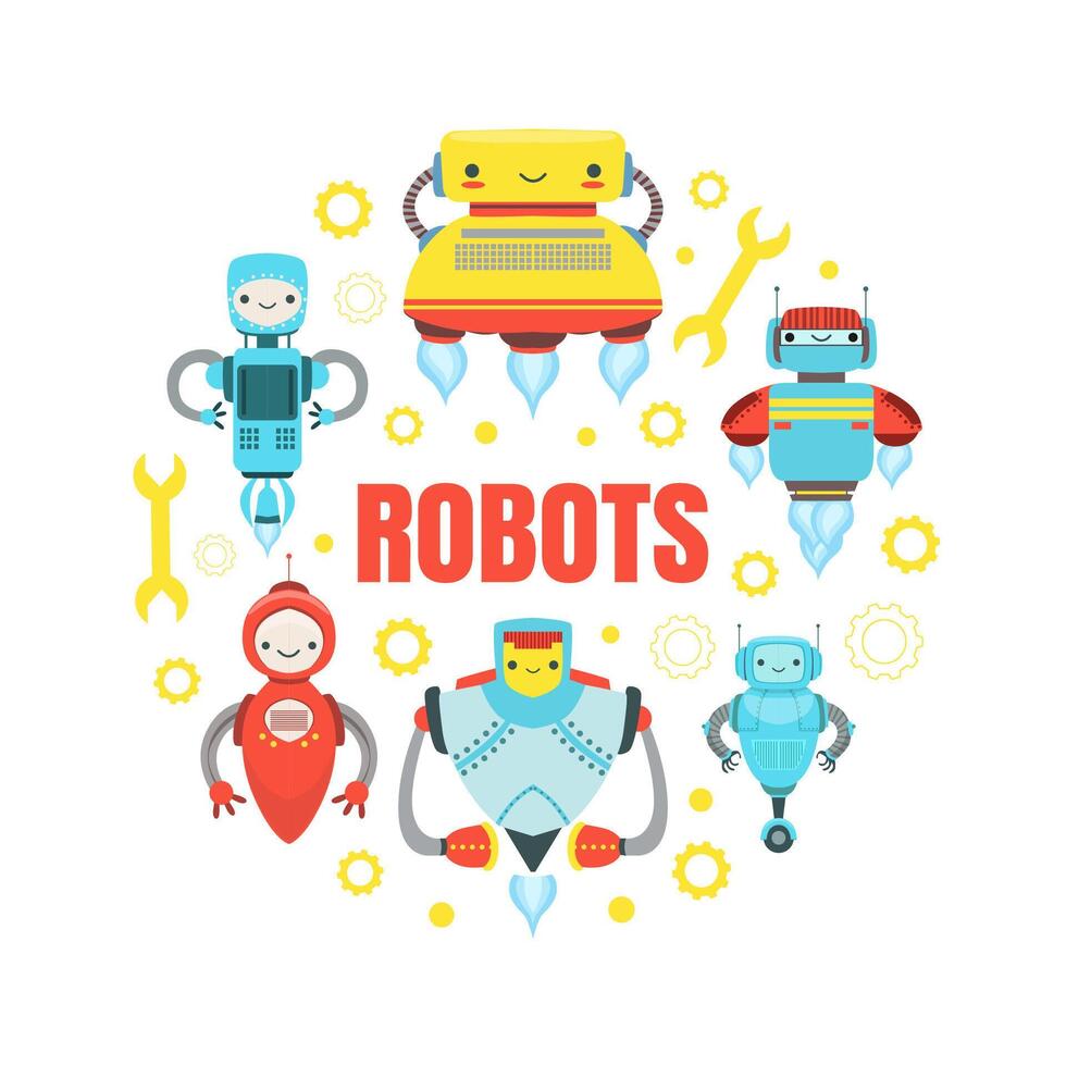 Robots Banner Template with Cute Friendly Android Robots of Round Shape, Robotic Technology, Automation Concept Illustration vector