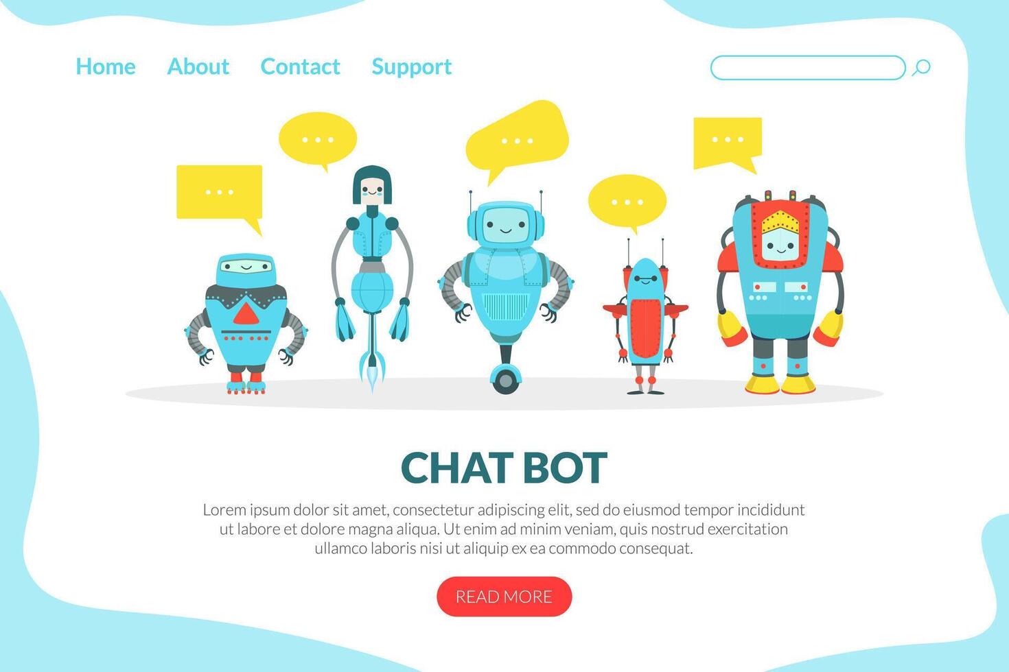 Chat Bot Landing Page Template, Cute Friendly Android Robots, Artificial Intelligence, Robotic Technology, Automation Concept Web Banner, Website, Homepage Illustration vector