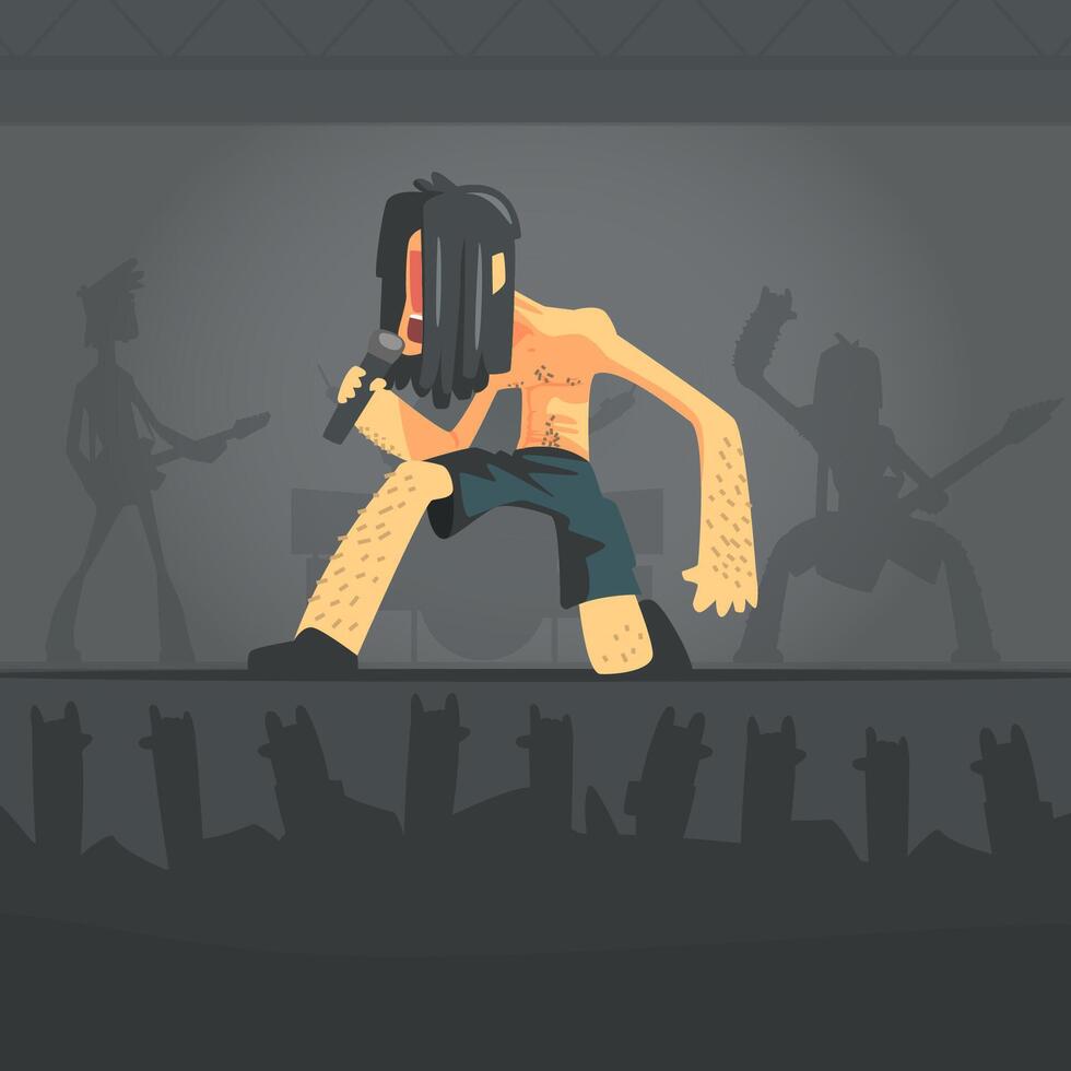 Rock Musician, Brutal Man Singing with Microphone, Rock Band Member Character Cartoon Illustration vector