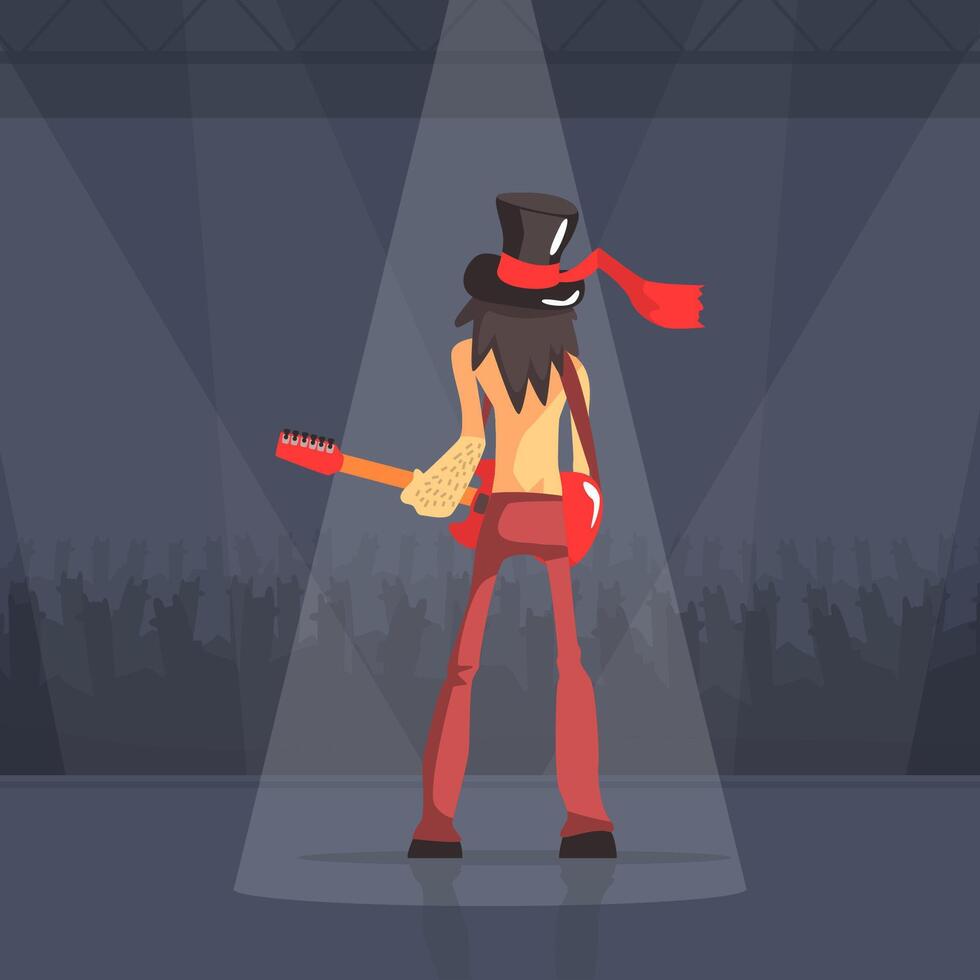 Rock Musician, Male Guitarist Performing on Stage, Back View of Rock Band Member Character Cartoon Illustration vector