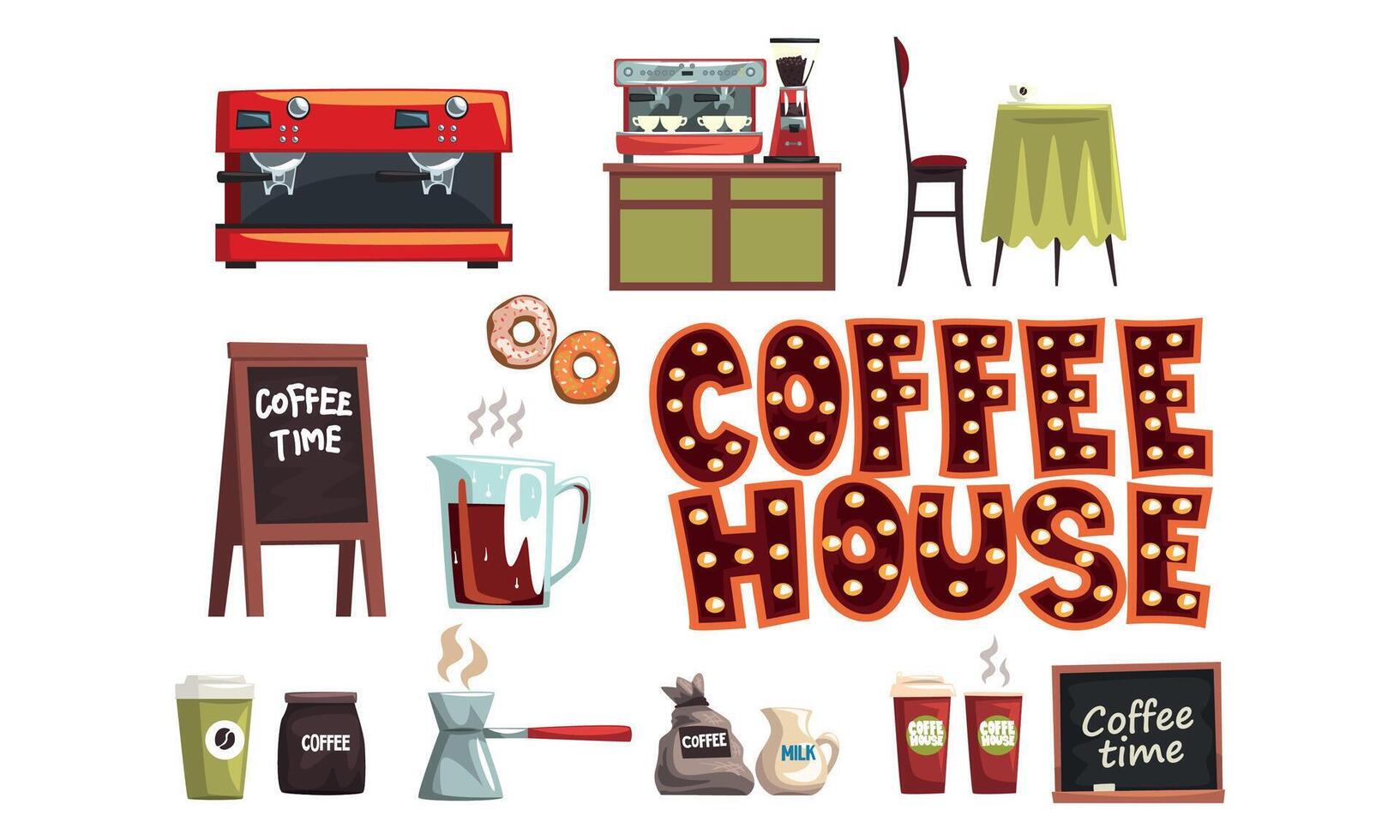 Coffee House Set, Cafe Interior Elements and Professional Equipment Cartoon Style Illustration vector