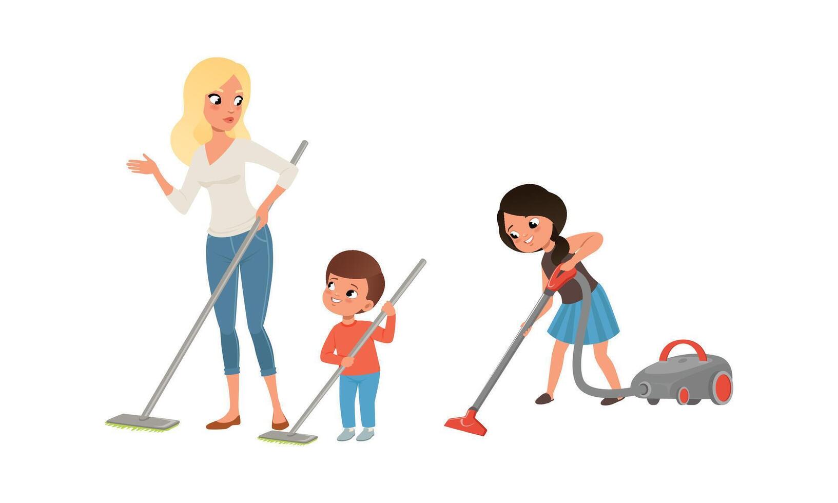 Happy Parents and Kids Doing Housework Together Set, Mom and Children Cleaning and Mopping Floor, Cartoon Style Illustration vector