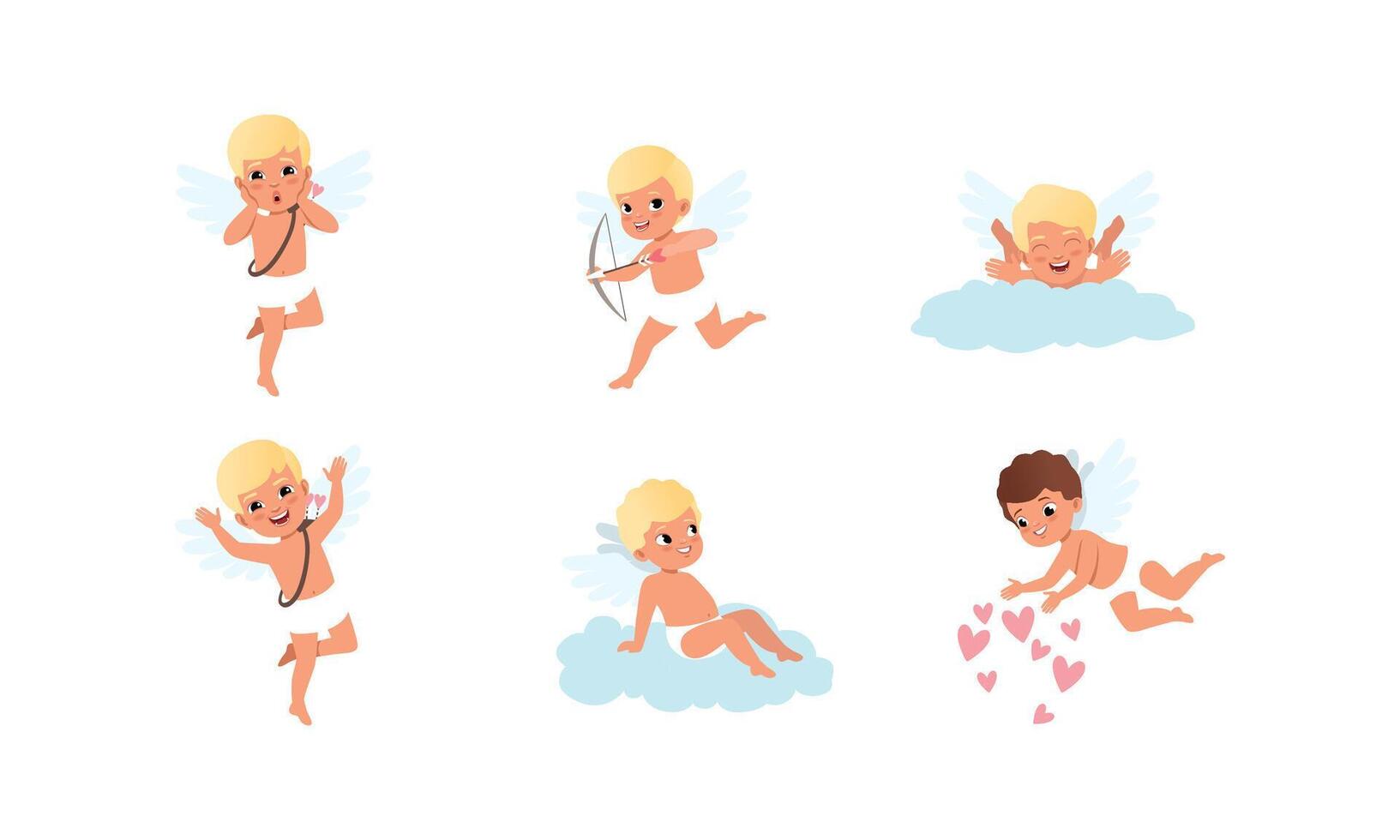 Happy Lovely Cupid Boys Characters Set, Adorable Baby Angels Cartoon Style Illustration vector