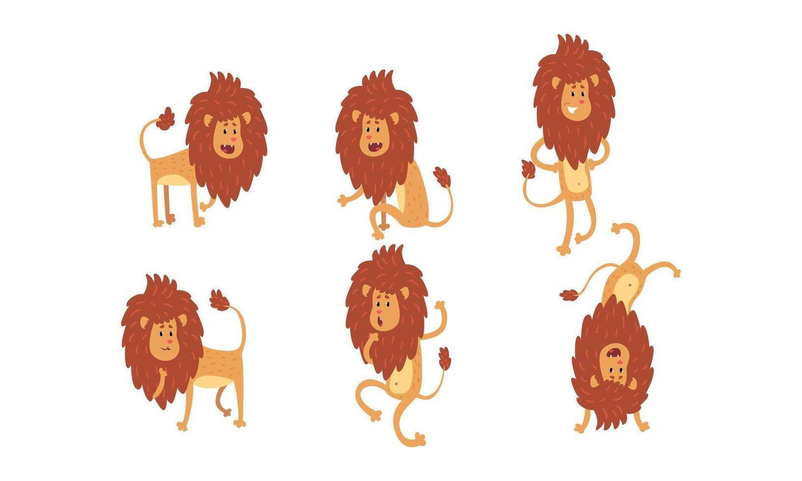 Funny Lions Set, Cute Animal Cartoon Character in Various Poses Showing Various Emotions Cartoon Style Illustration vector