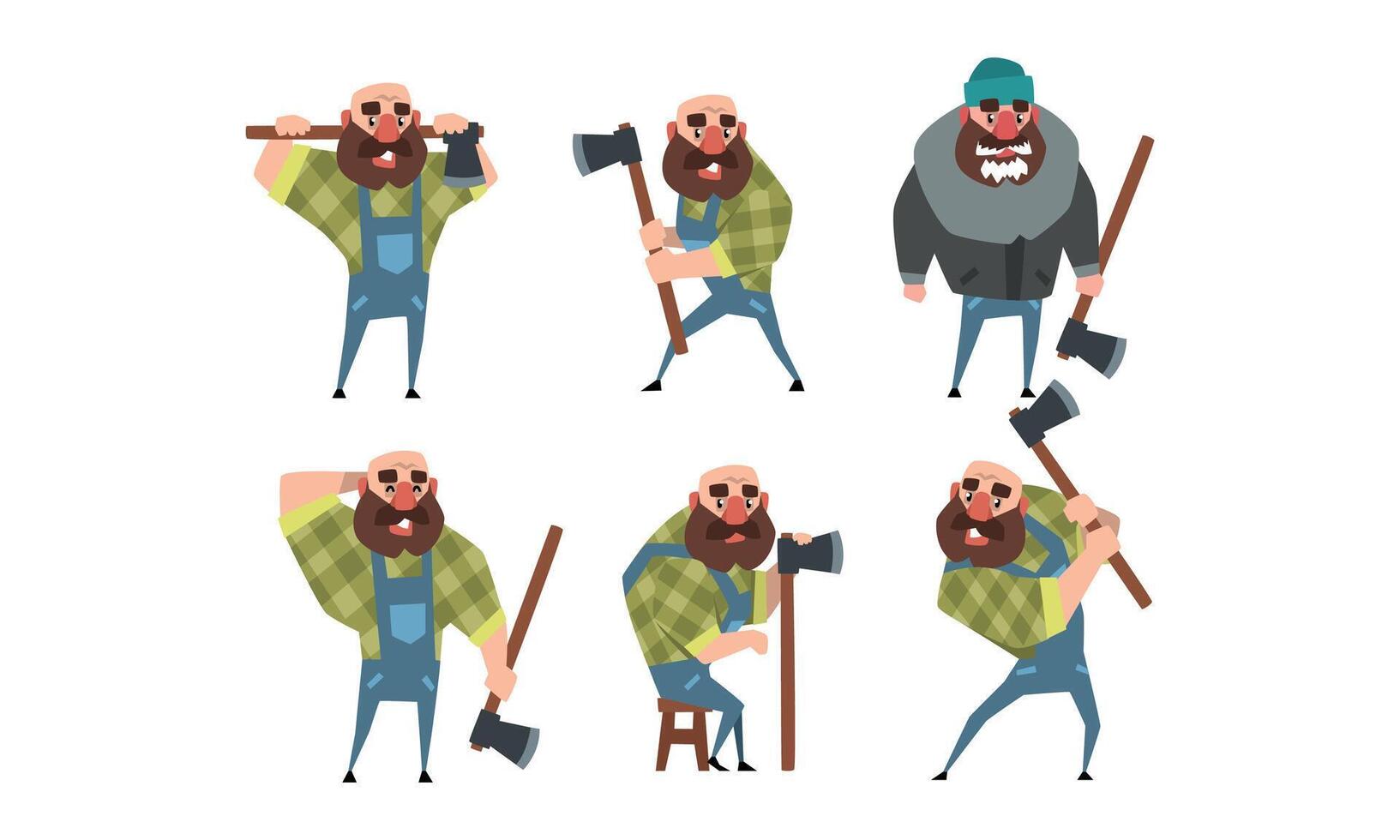 Bearded Lumberjack in Different Poses Holding Axe in his Hands, Strong Woodcutter Cartoon Character Style Illustration vector